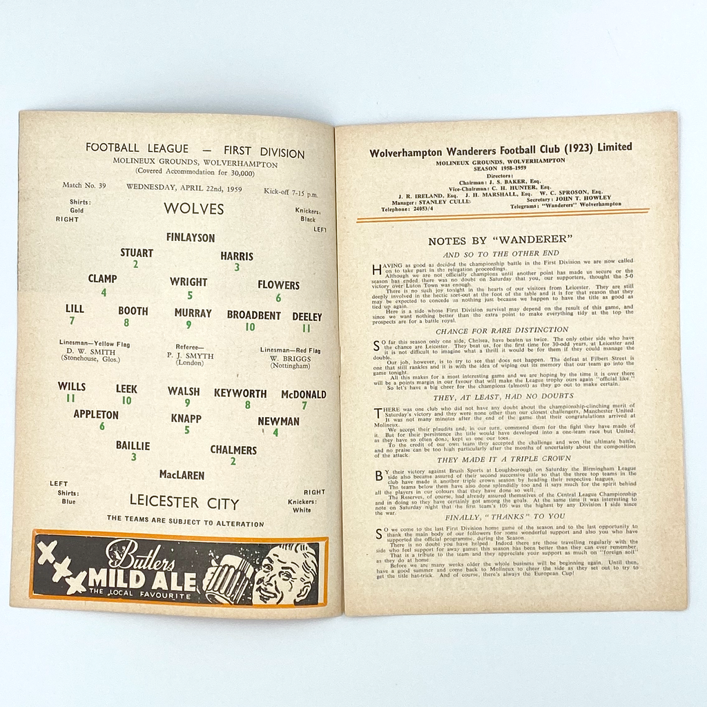 Wolverhampton Wanderers vs Leicester City Programme (22 April 1959)