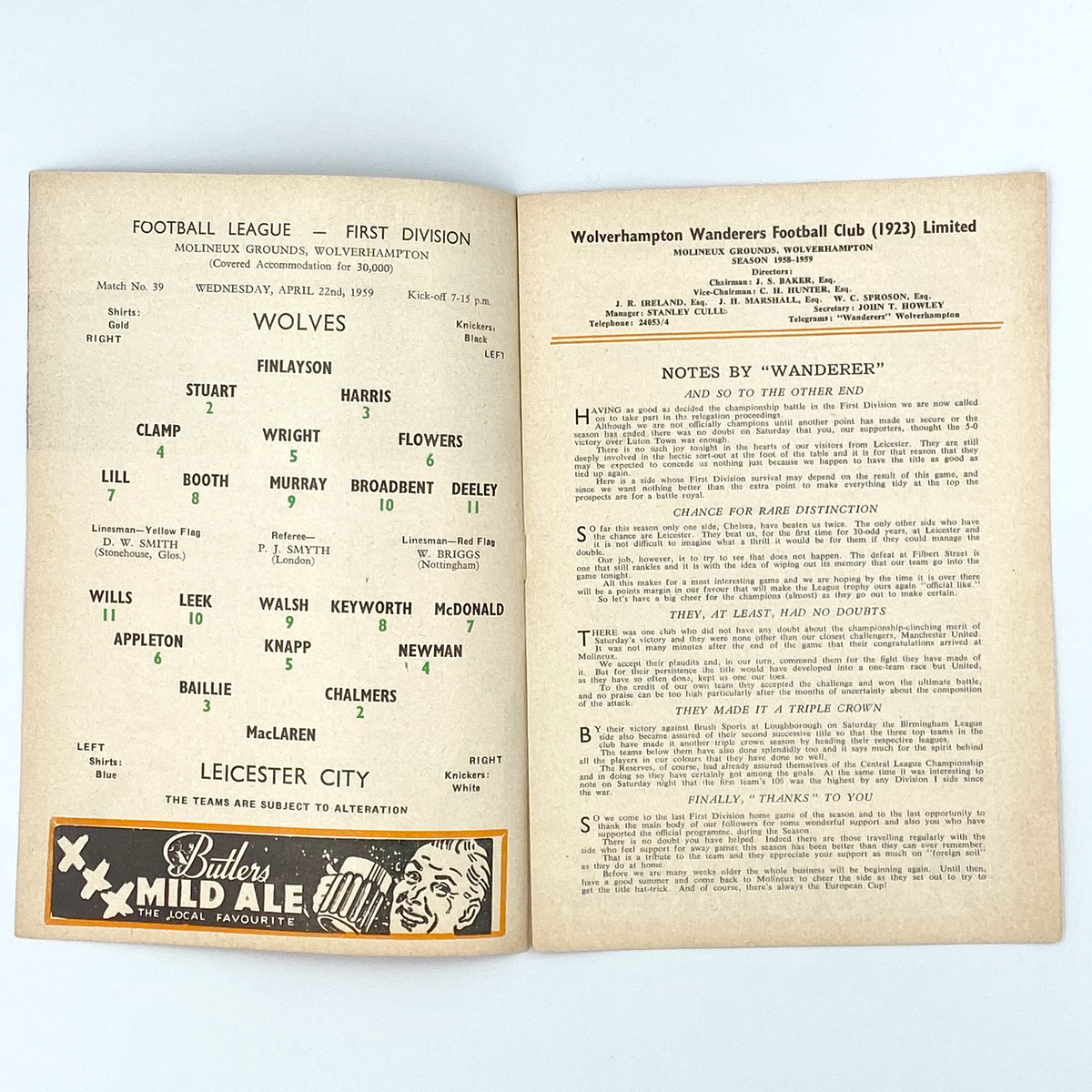 Wolverhampton Wanderers vs Leicester City Programme (22 April 1959)