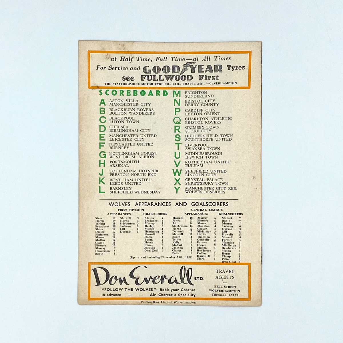 Wolverhampton Wanderers vs Everton Programme (6 December 1958)