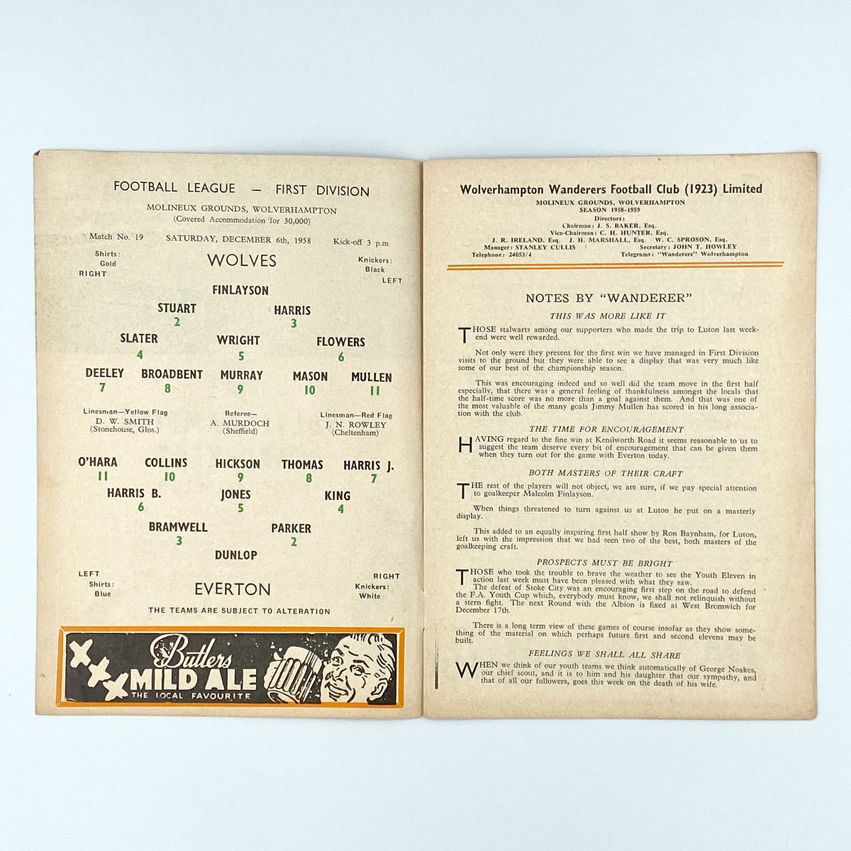 Wolverhampton Wanderers vs Everton Programme (6 December 1958)