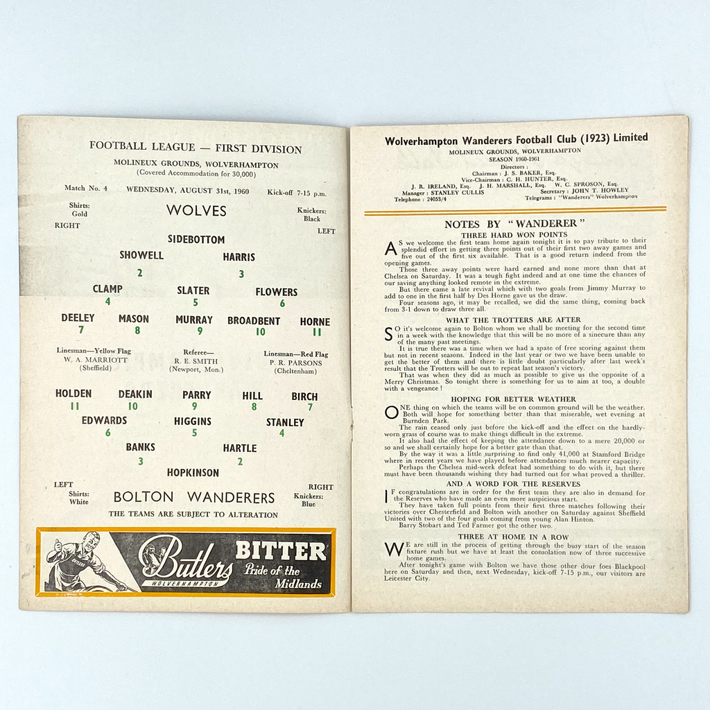 Wolverhampton Wanderers vs Bolton Wanderers Programme (31 August 1960)