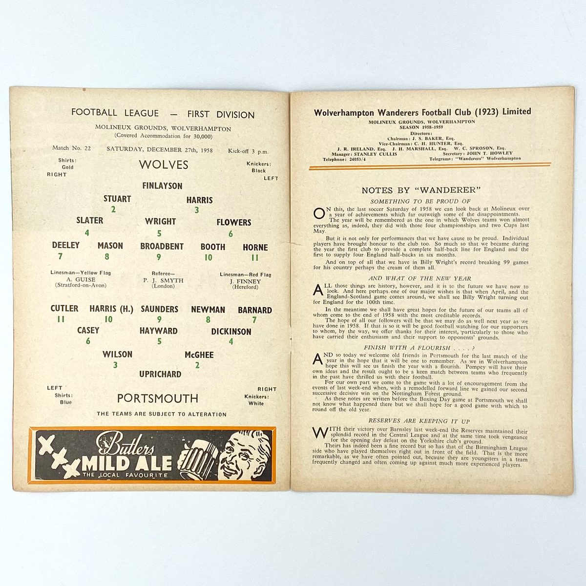 Wolverhampton Wanderers vs Portsmouth Programme (27 December 1958)