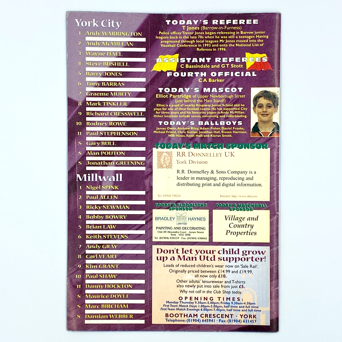 York City vs Millwall Programme (24 January 1998)