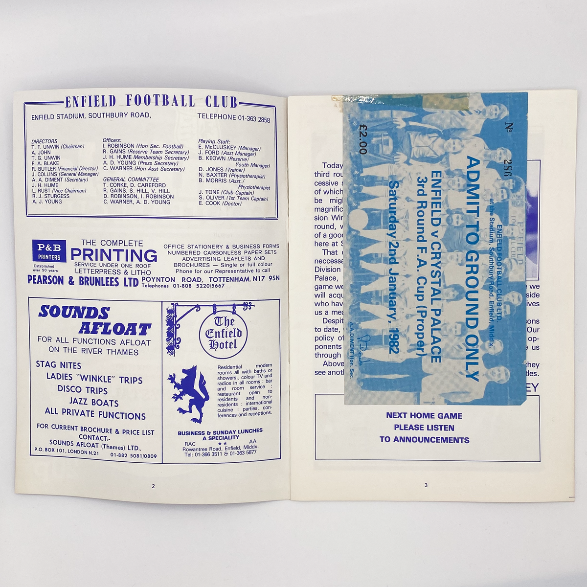 Enfield FC vs Crystal Palace Programme & Ticket (2 January 1982)