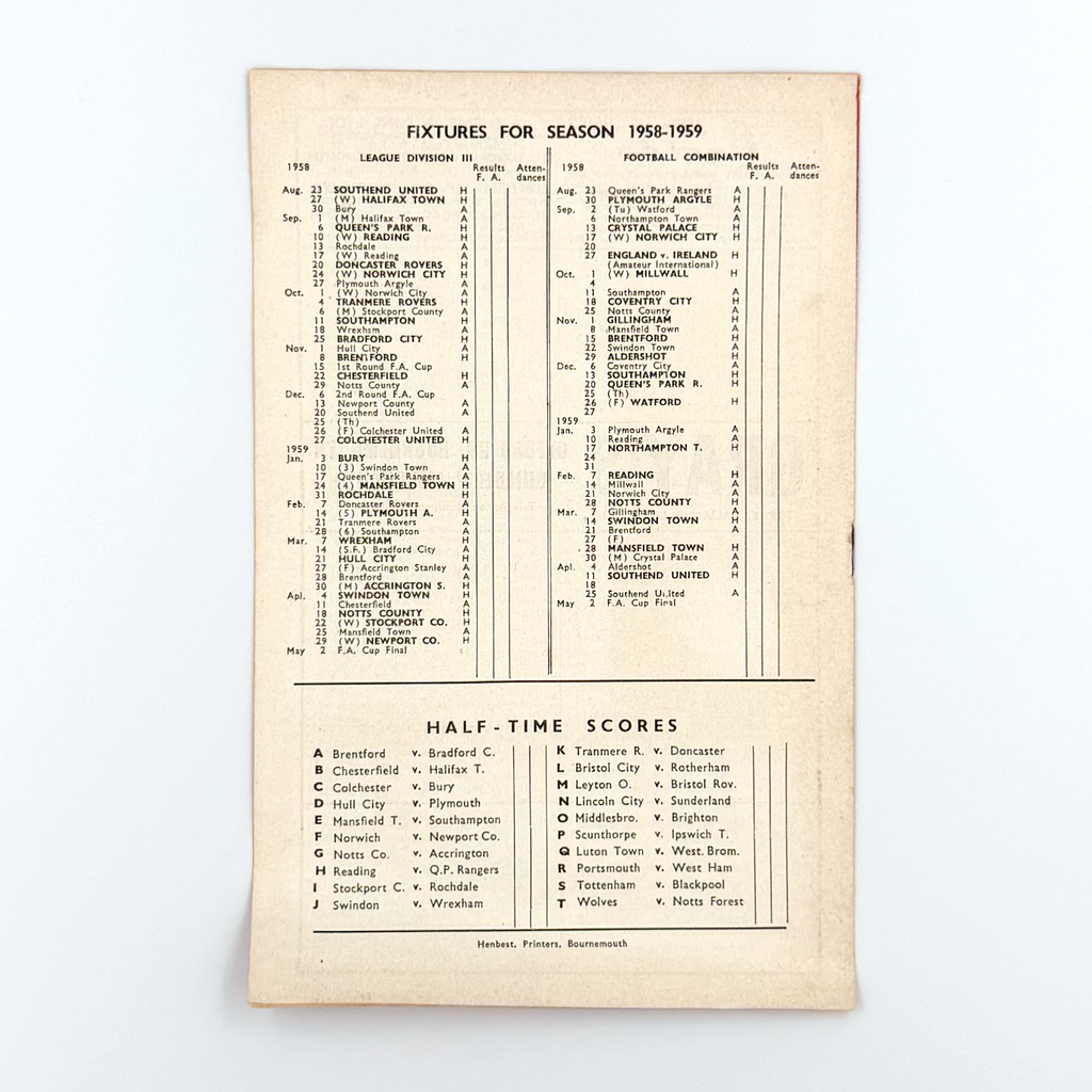 AFC Bournemouth vs Southend United Programme (23 August 1958)