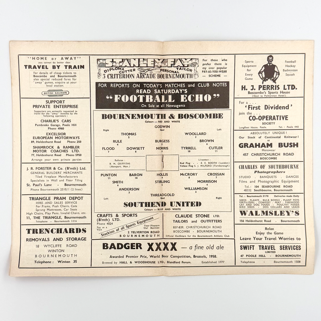 AFC Bournemouth vs Southend United Programme (23 August 1958)