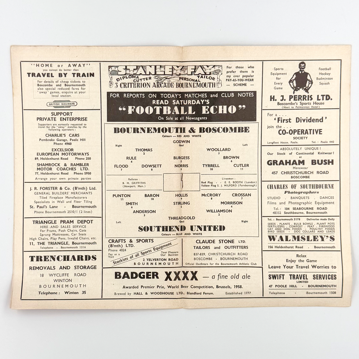 AFC Bournemouth vs Southend United Programme (23 August 1958)