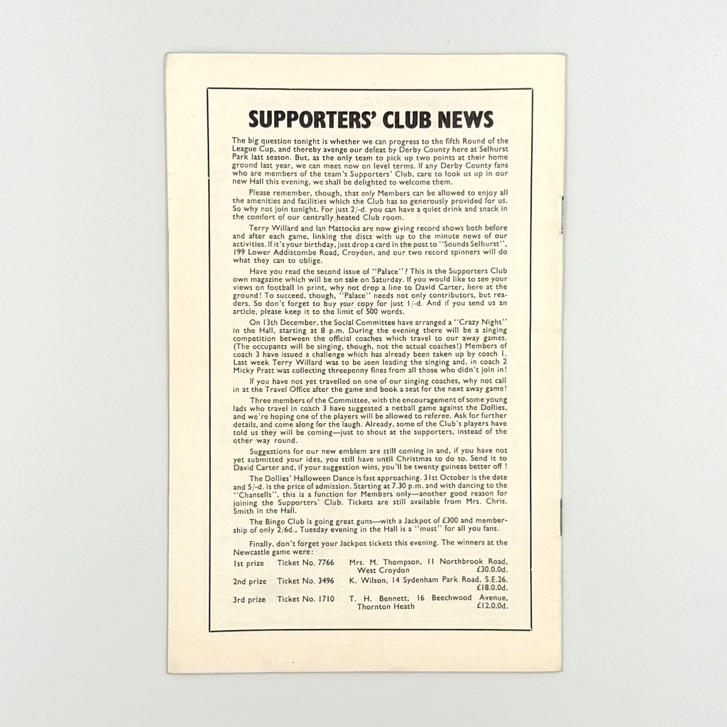 Crystal Palace vs Derby County Programme (15 October 1969)