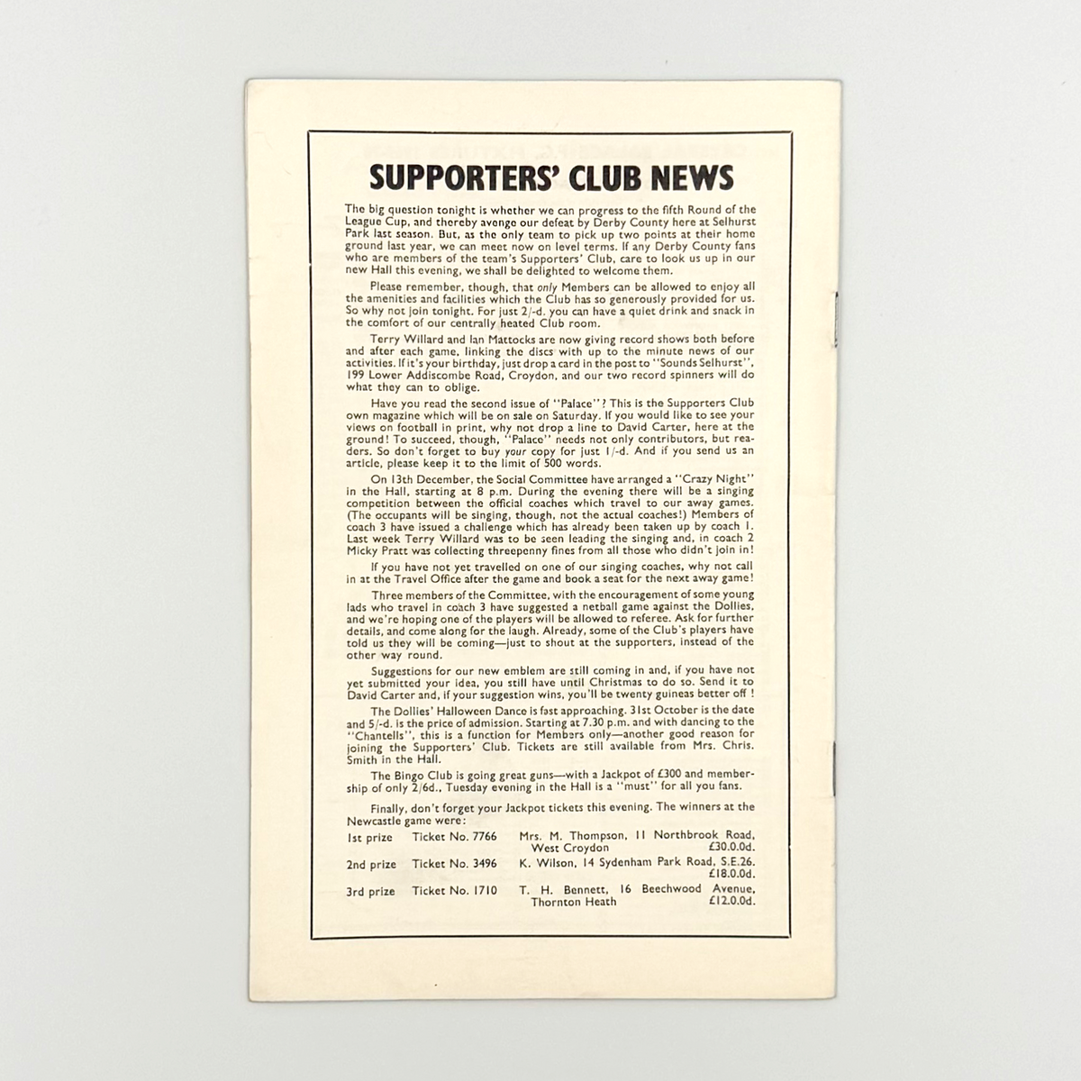 Crystal Palace vs Derby County Programme (15 October 1969)