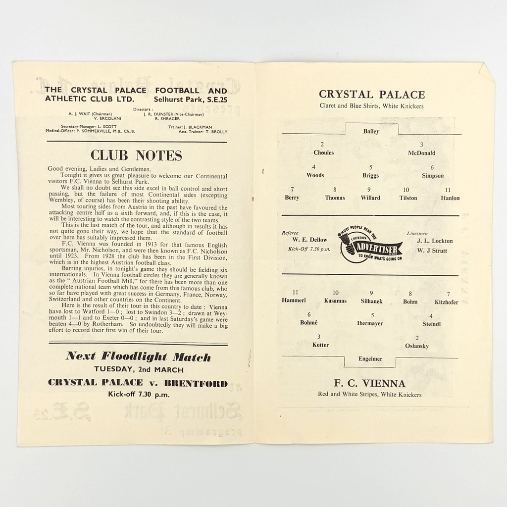 Crystal Palace vs FC Vienna Programme (23 February 1954)