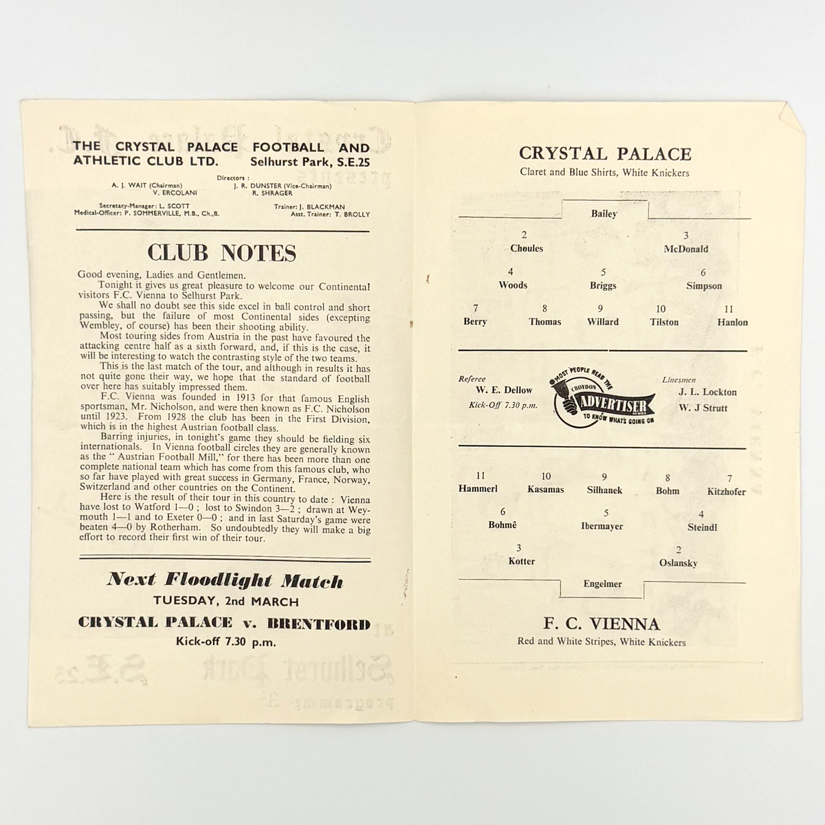Crystal Palace vs FC Vienna Programme (23 February 1954)