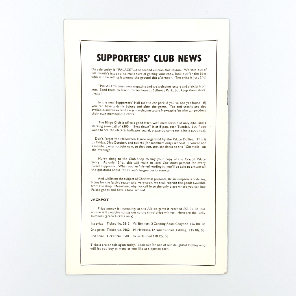 Crystal Palace vs Newcastle United Programme (4 October 1969)