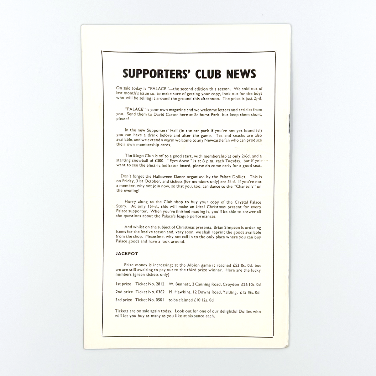 Crystal Palace vs Newcastle United Programme (4 October 1969)