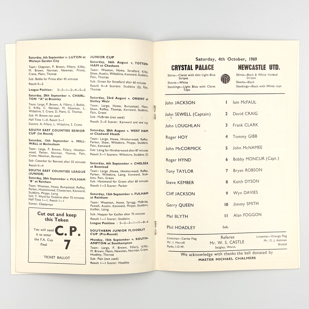 Crystal Palace vs Newcastle United Programme (4 October 1969)