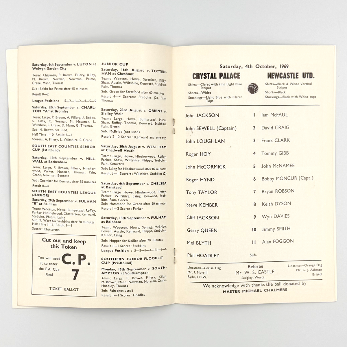 Crystal Palace vs Newcastle United Programme (4 October 1969)