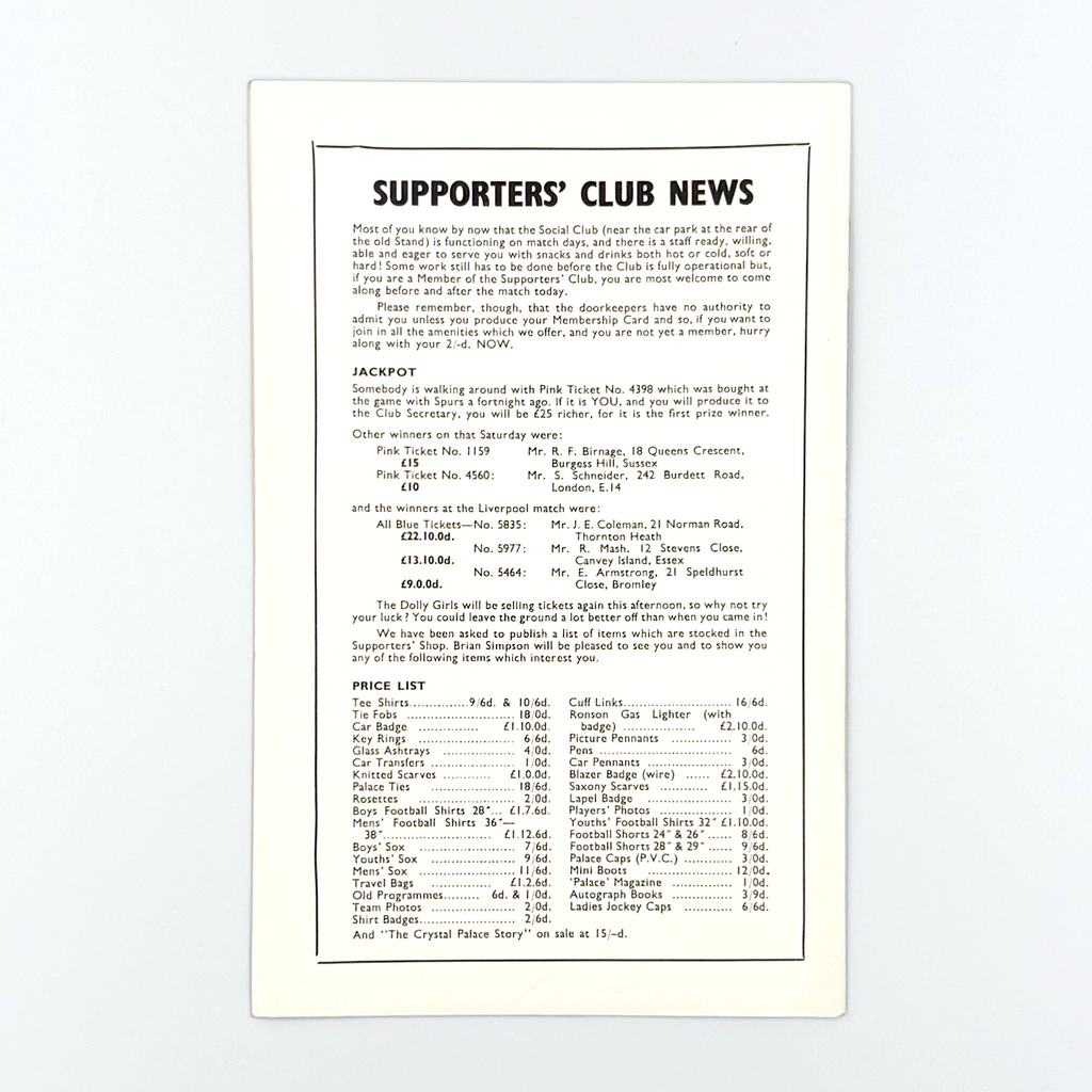 Crystal Palace vs Stoke City Programme (6 September 1969)