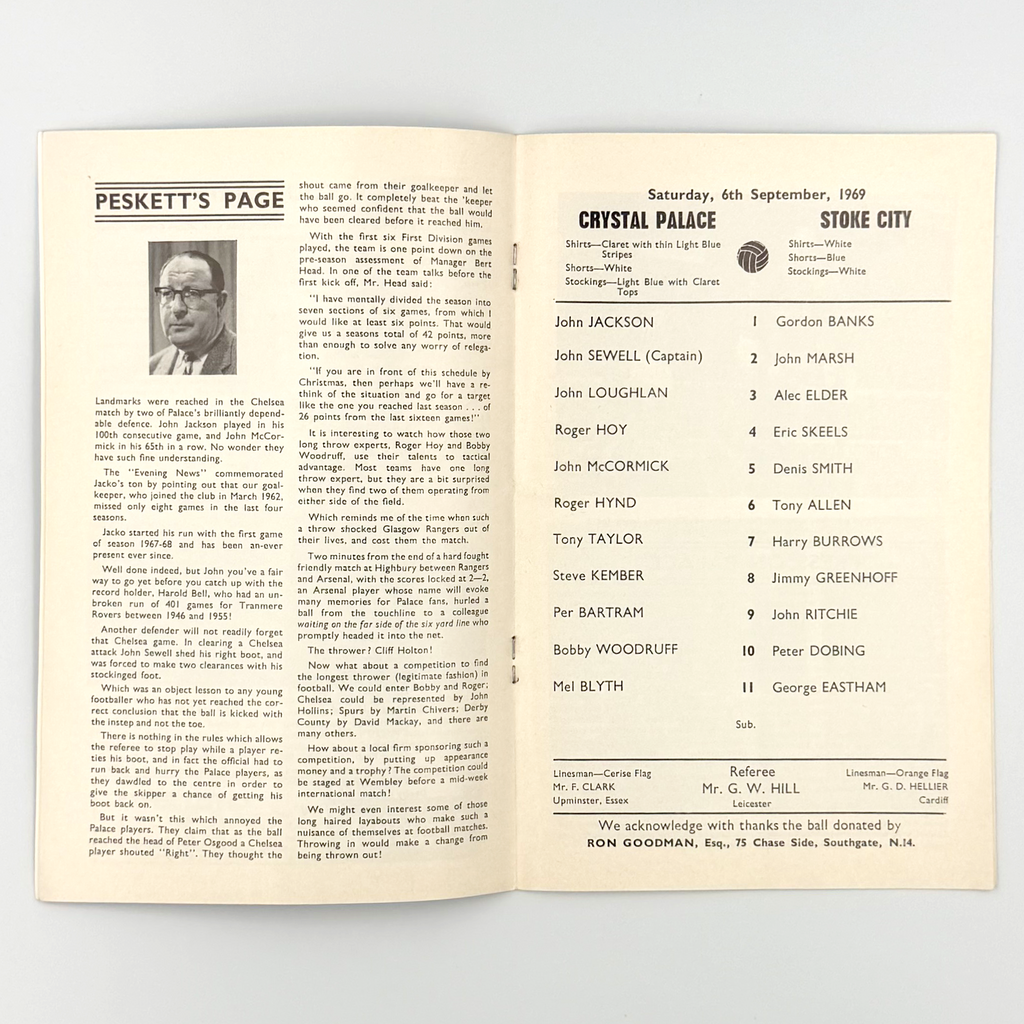 Crystal Palace vs Stoke City Programme (6 September 1969)