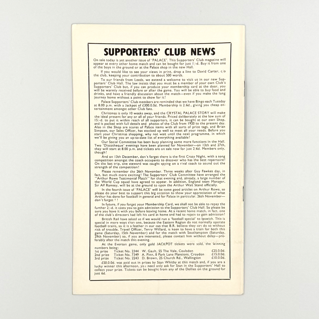 Crystal Palace vs Leeds United Programme (18 October 1969)