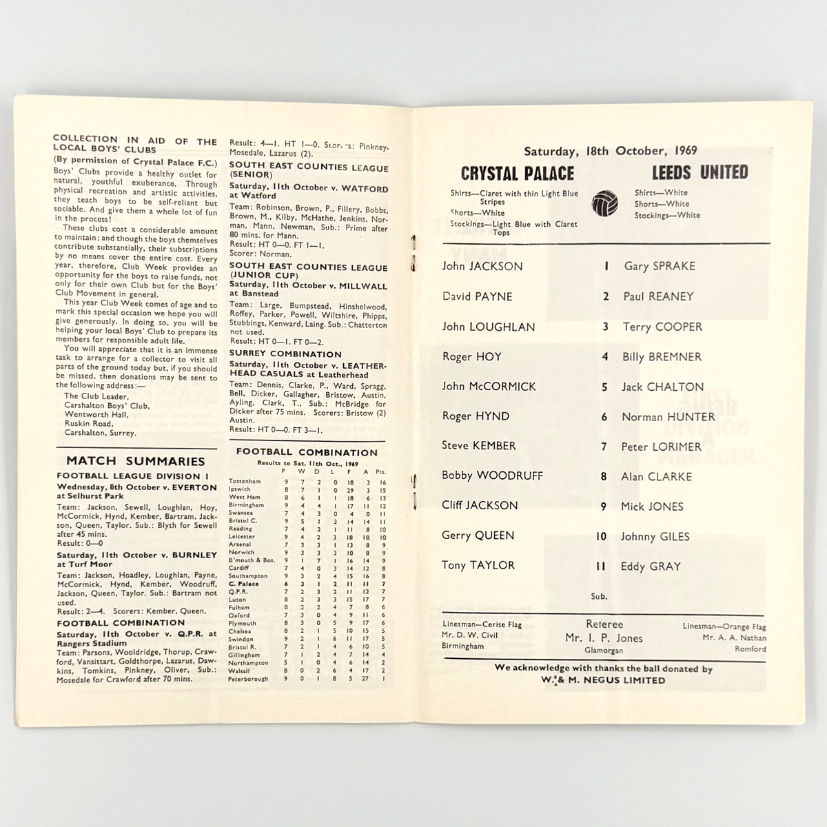 Crystal Palace vs Leeds United Programme (18 October 1969)