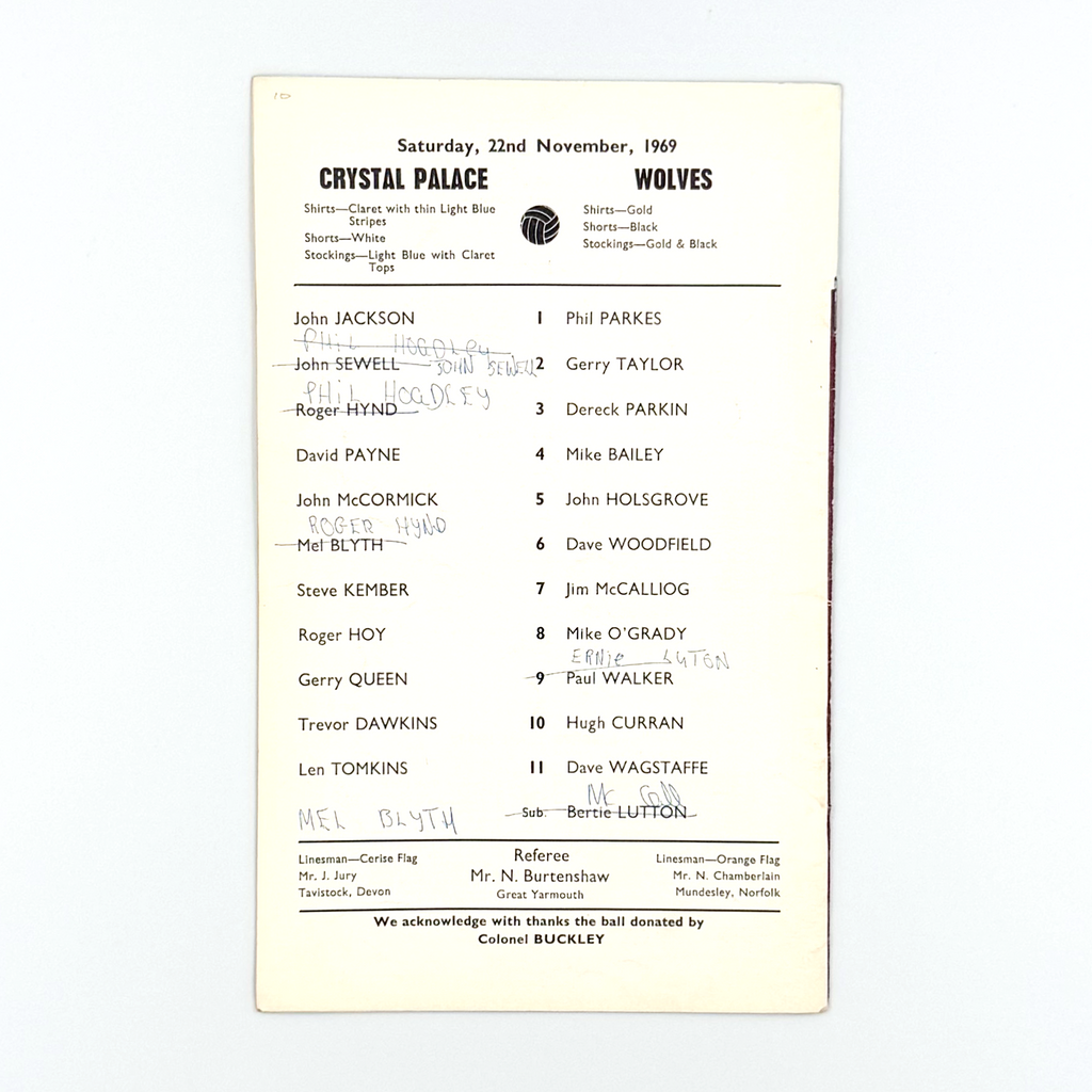 Crystal Palace vs Wolverhampton Wanderers Programme (22 November 1969)