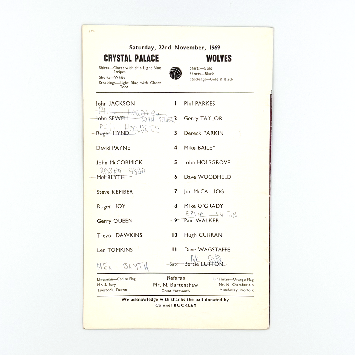 Crystal Palace vs Wolverhampton Wanderers Programme (22 November 1969)