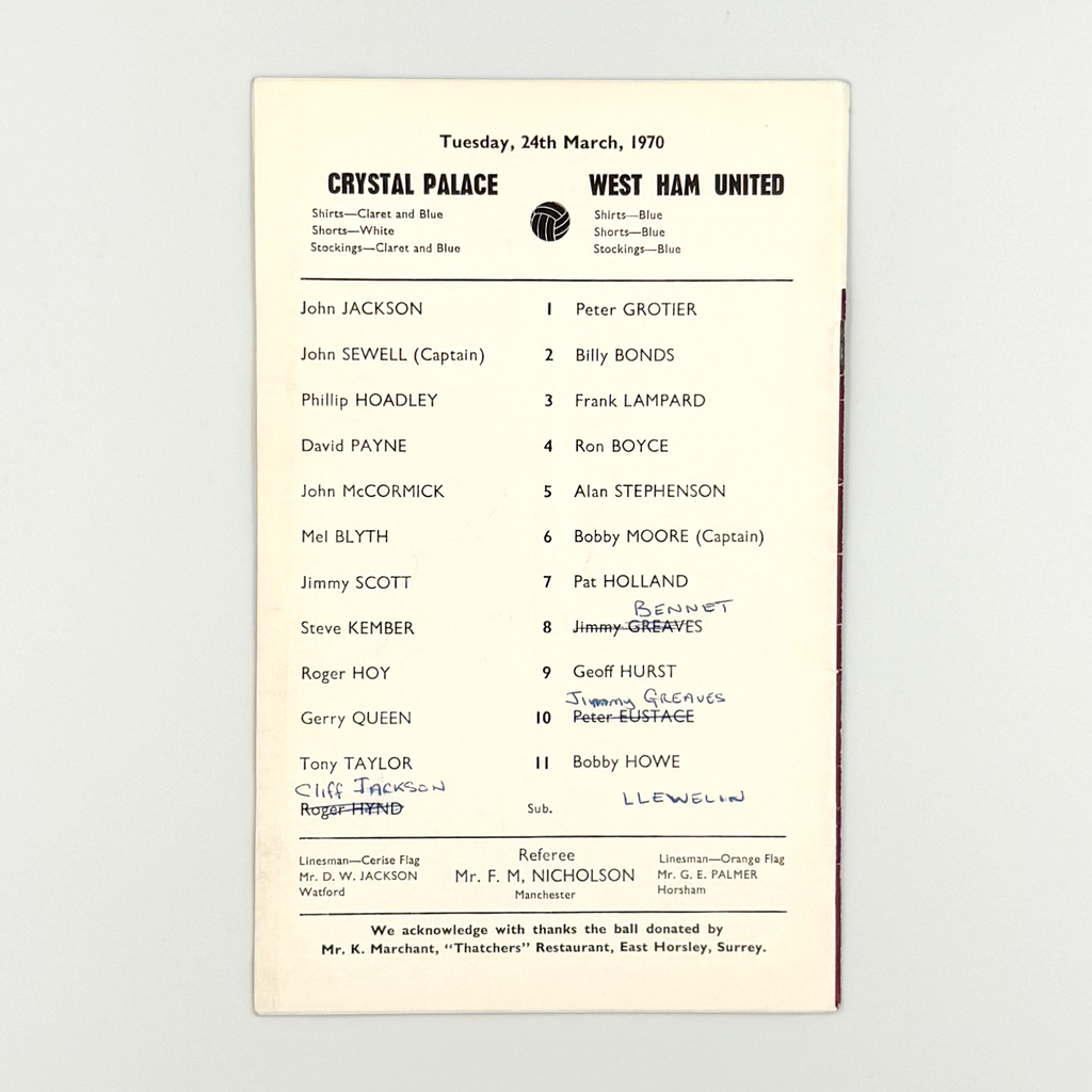 Crystal Palace vs West Ham United Programme (24 March 1970)