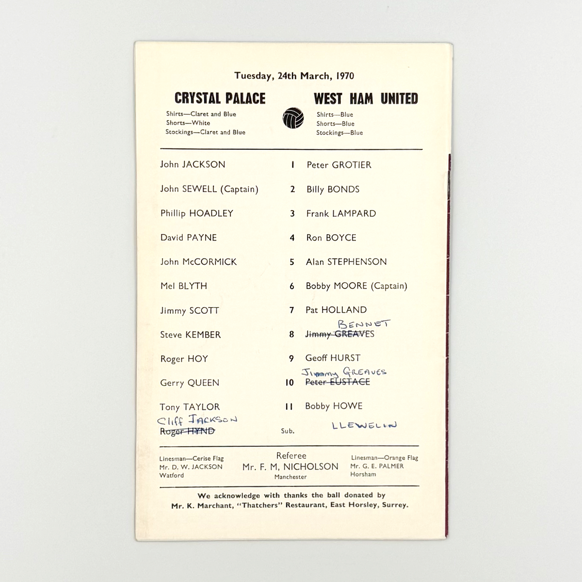 Crystal Palace vs West Ham United Programme (24 March 1970)