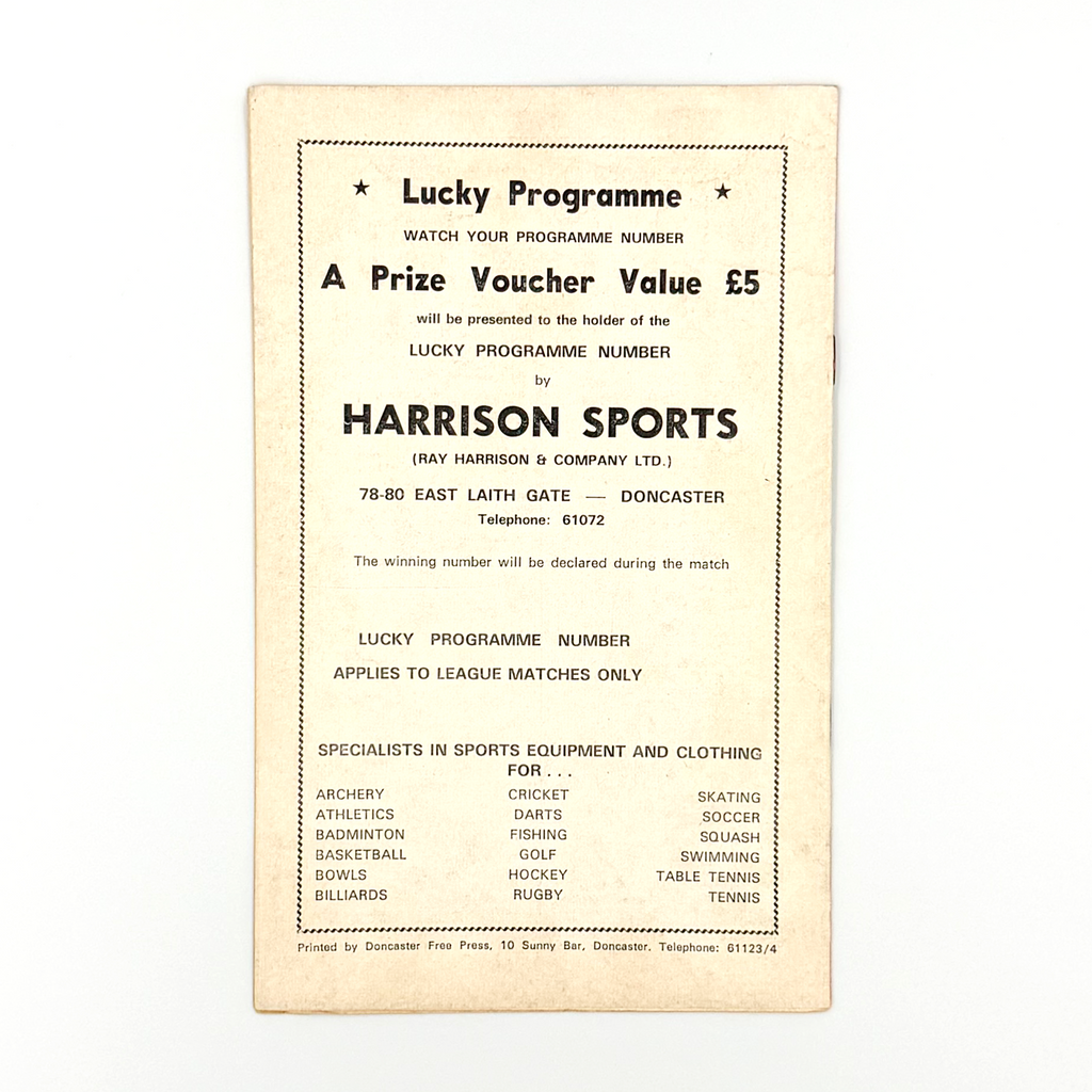 Doncaster Rovers vs Manchester United XI Programme (11 August 1975)