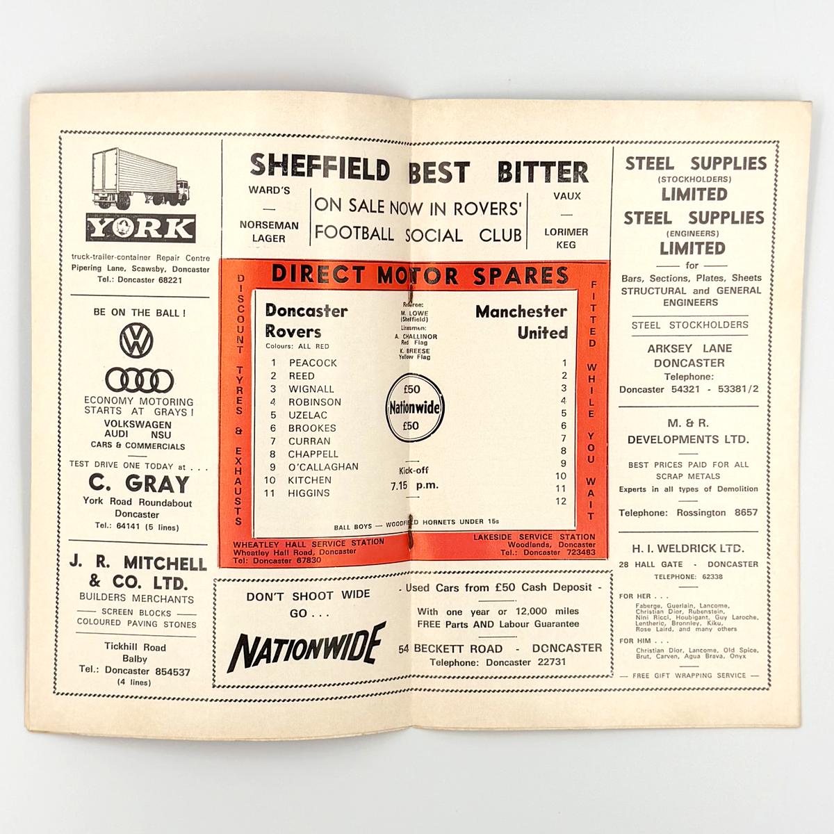 Doncaster Rovers vs Manchester United XI Programme (11 August 1975)