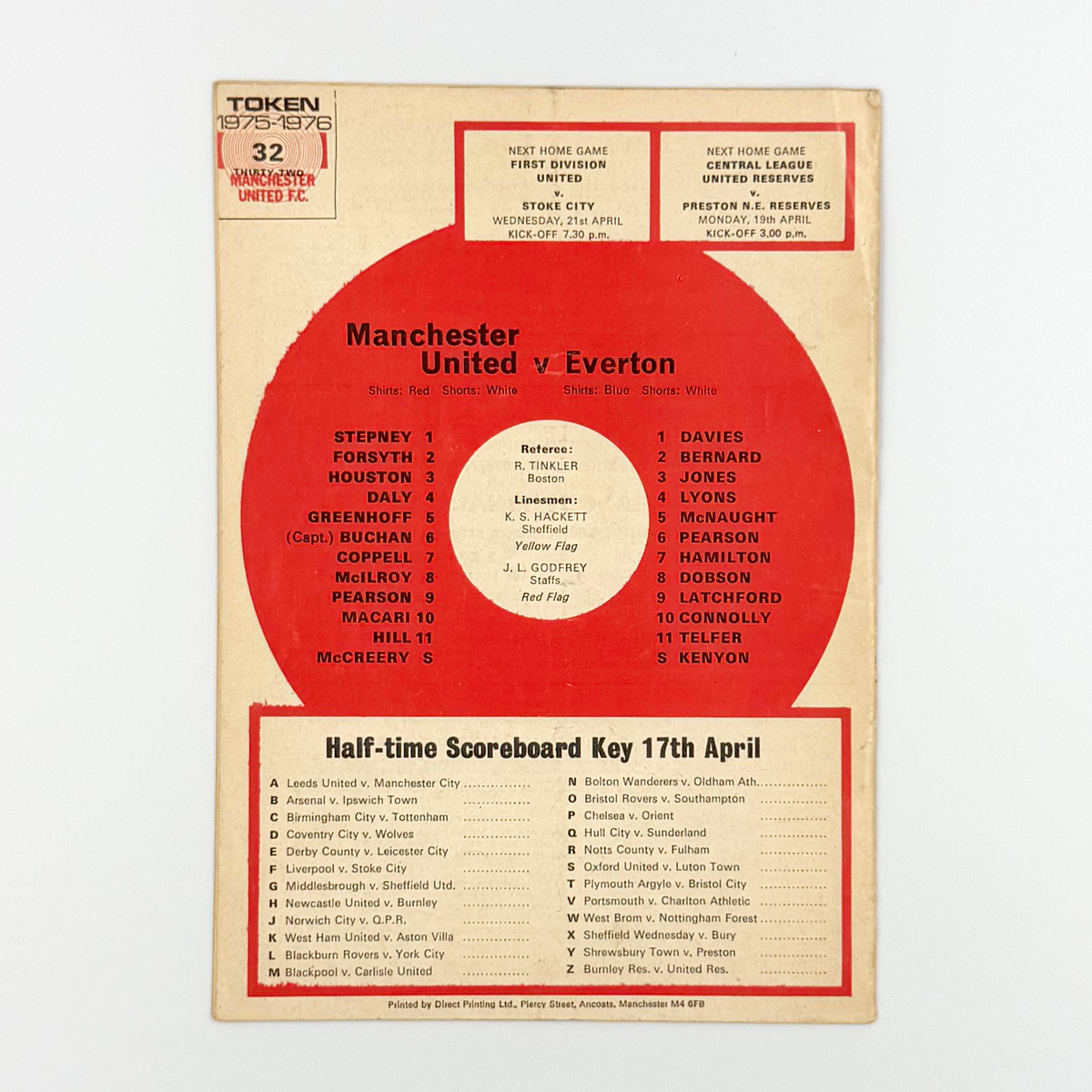 Manchester United vs vs Everton Programme (17 April 1976)