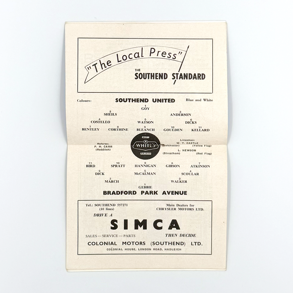 Southend United vs Bradford Park Avenue Programme (19 August 1961)