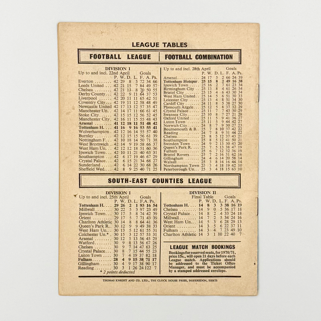 Tottenham Hotspur vs Arsenal Programme (2 May 1970)
