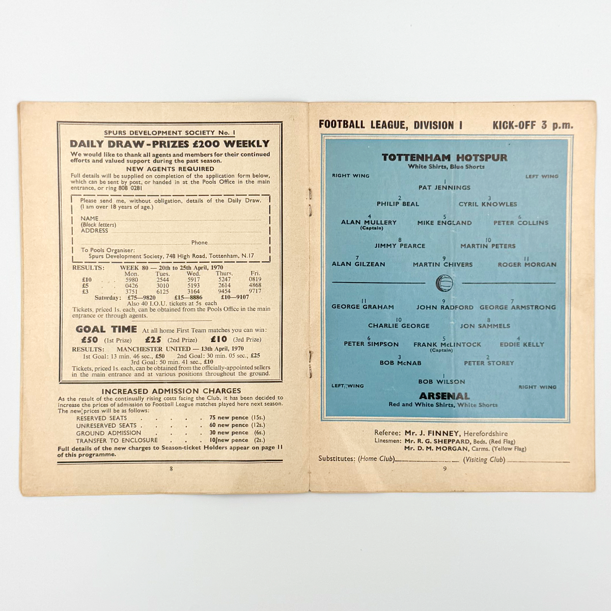 Tottenham Hotspur vs Arsenal Programme (2 May 1970)
