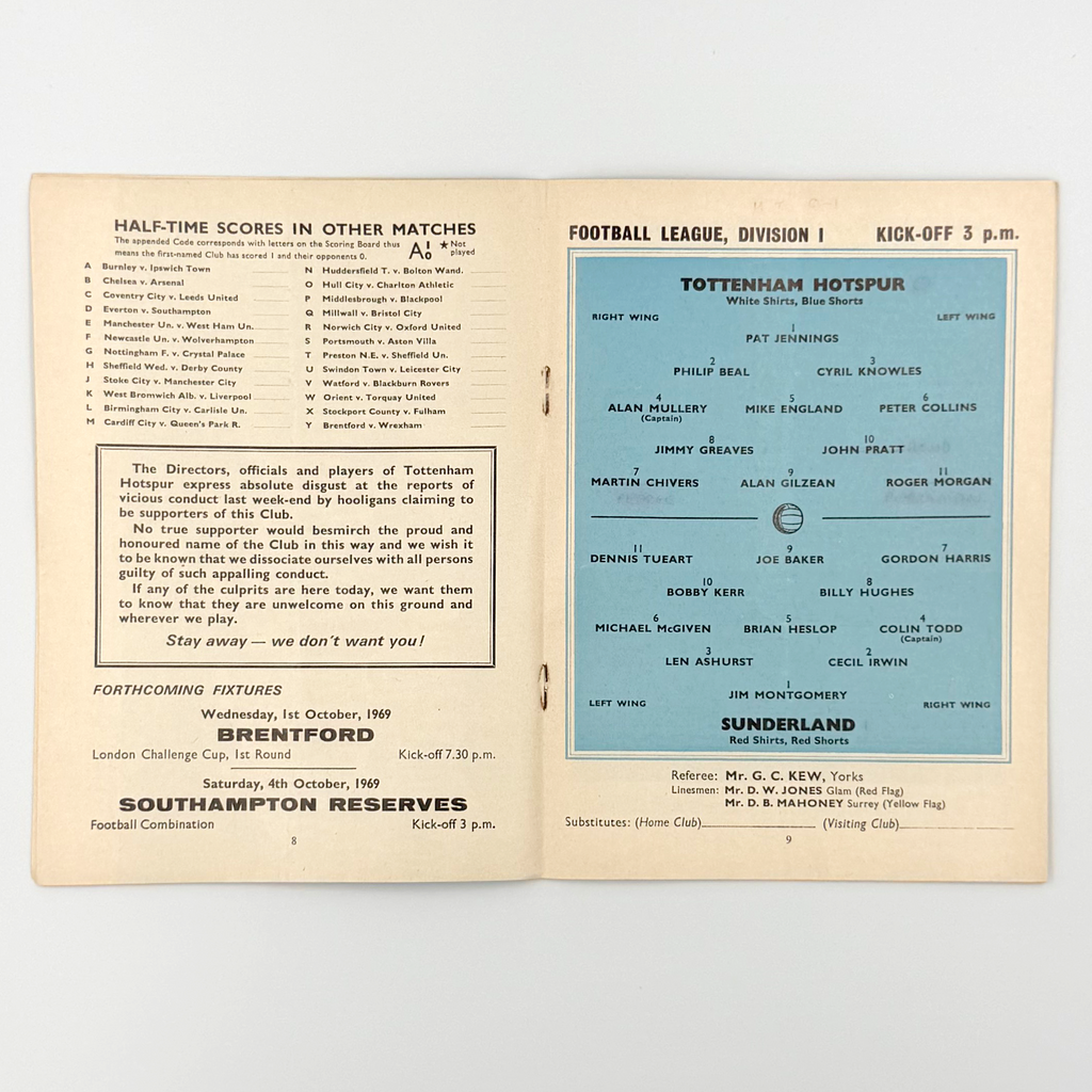 Tottenham Hotspur vs Sunderland Programme (27 September 1969)