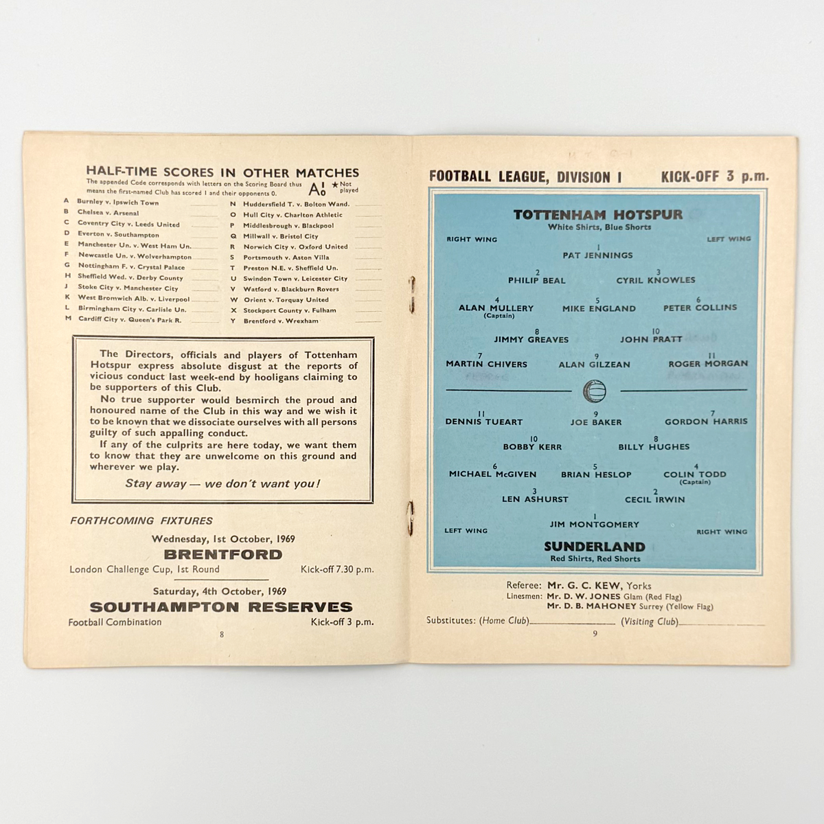 Tottenham Hotspur vs Sunderland Programme (27 September 1969)