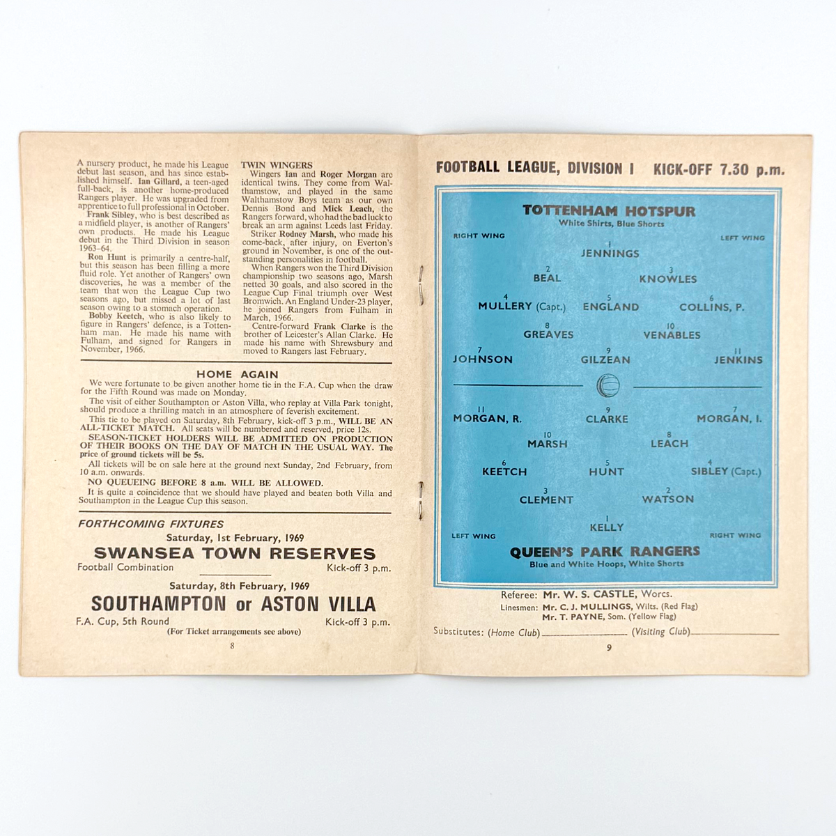 Tottenham Hotspur vs Queens Park Rangers Programme (29 January 1969)