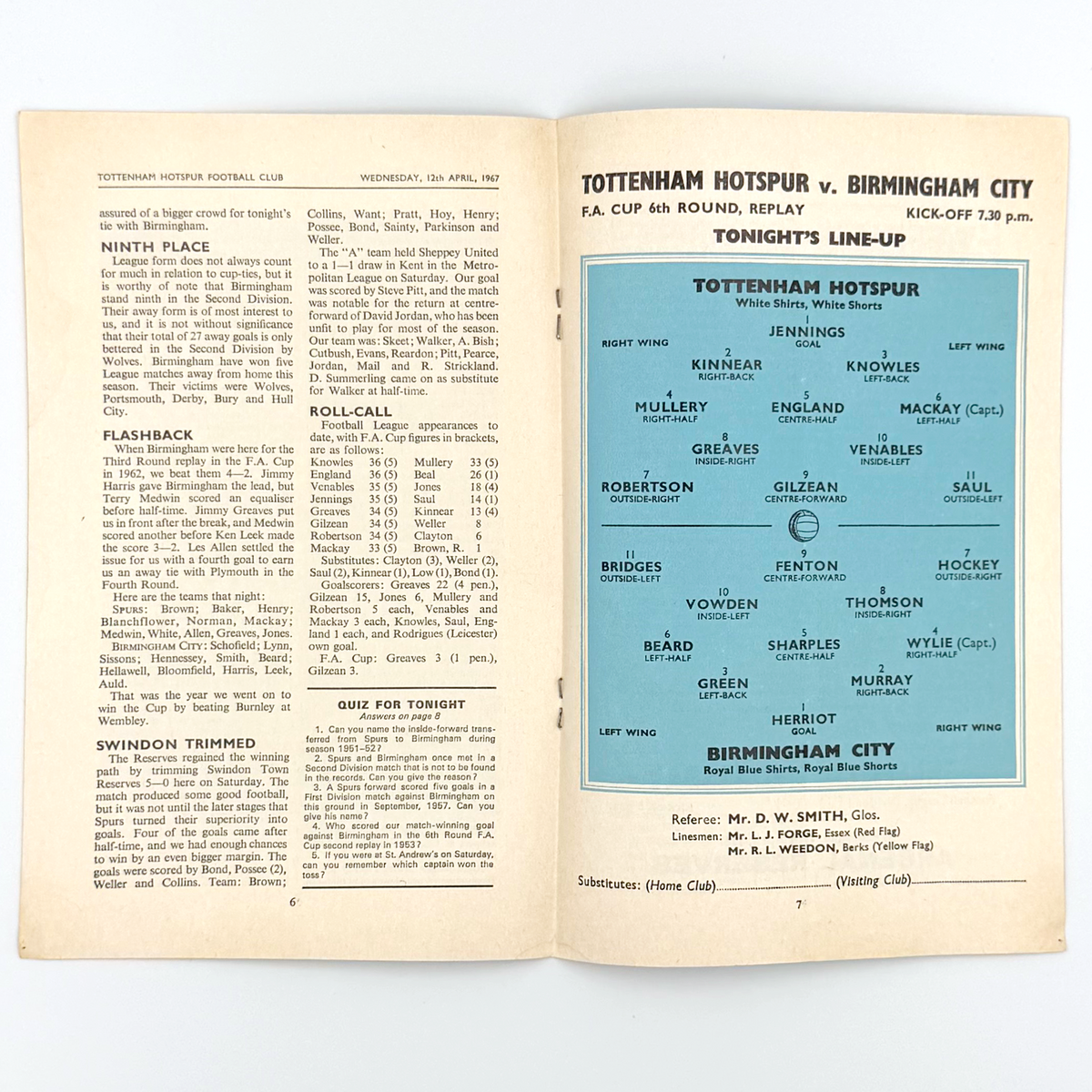 Tottenham Hotspur vs Birmingham City Programme (12 April 1967)
