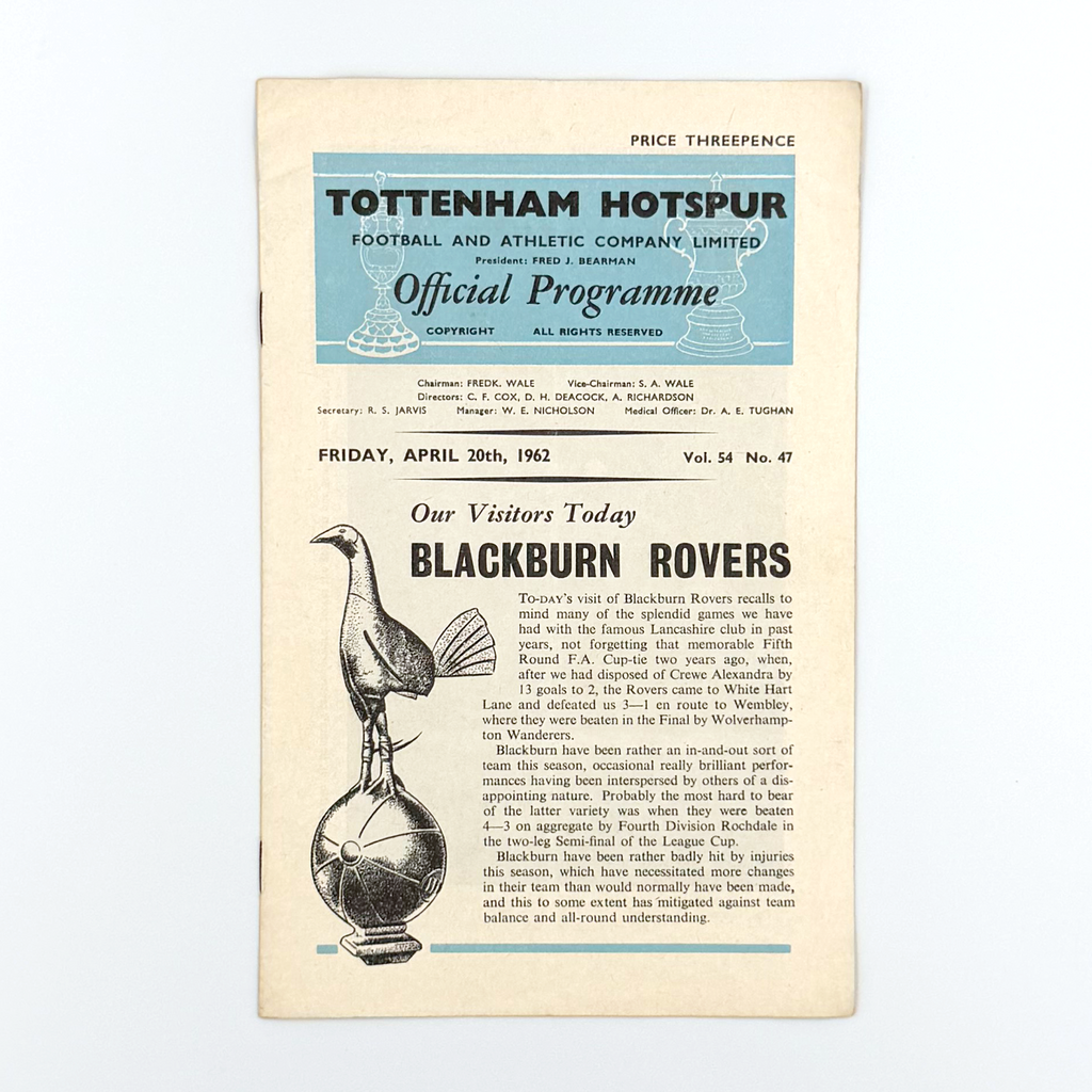Tottenham Hotspur vs Blackburn Rovers Programme (20 April 1962)