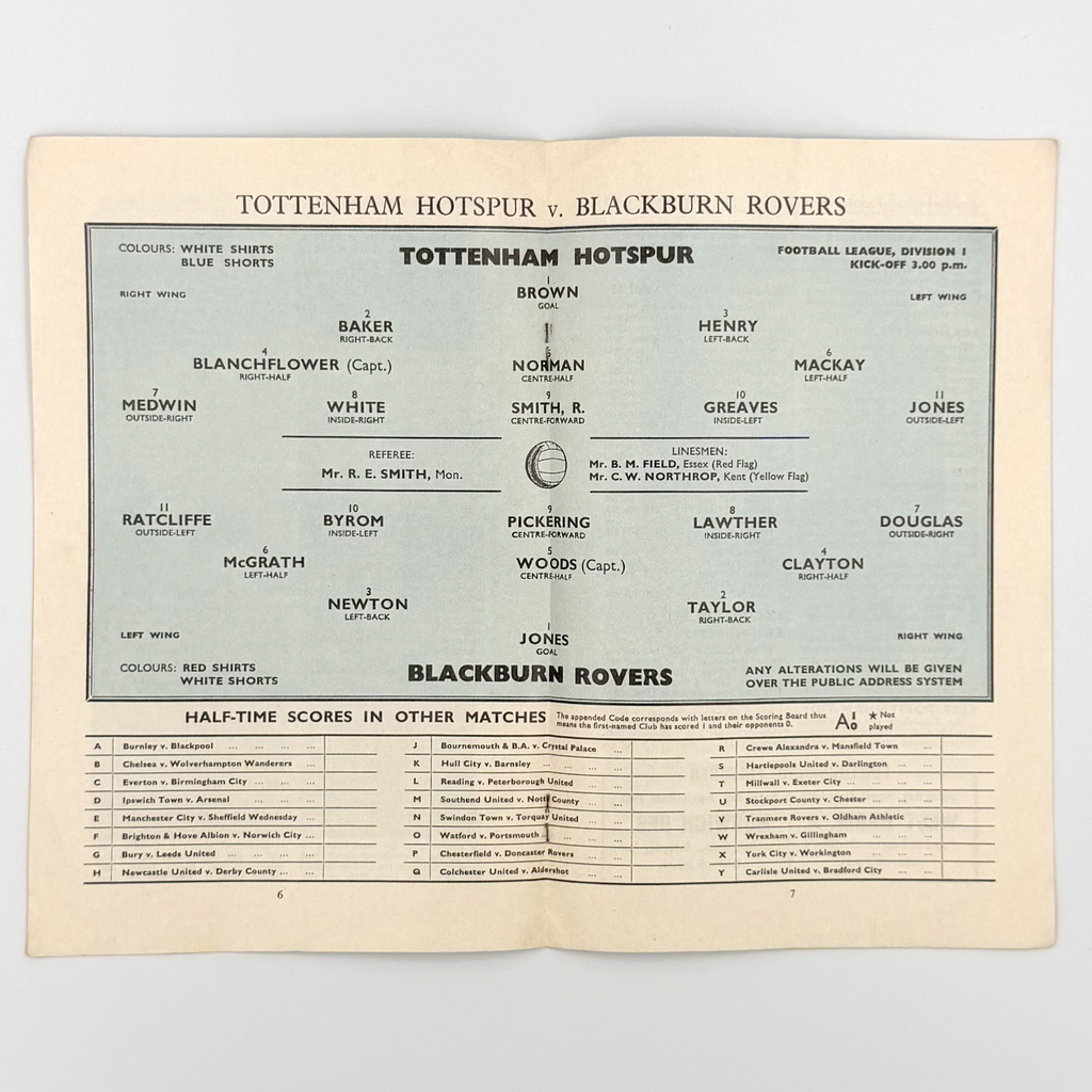 Tottenham Hotspur vs Blackburn Rovers Programme (20 April 1962)